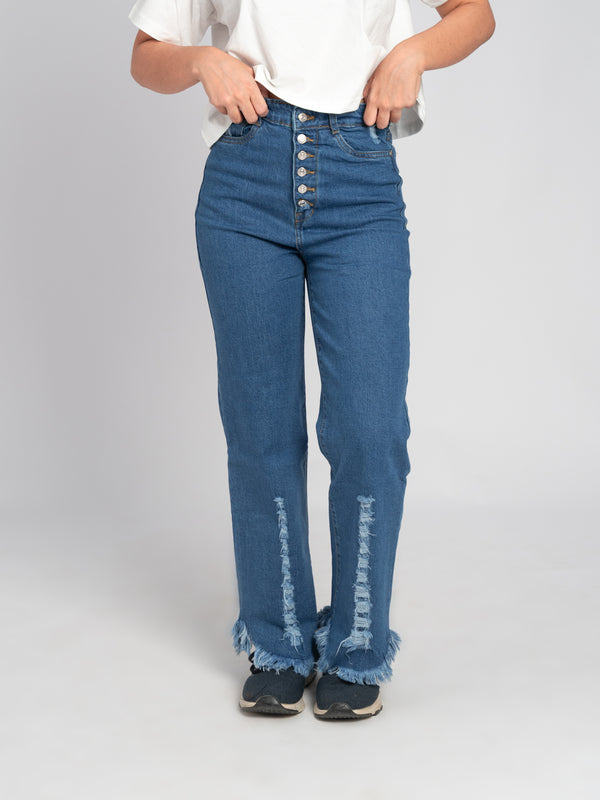 Six Button Wide legged 'Bottom Ripped' Jeans