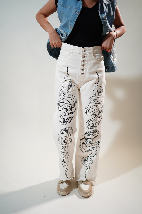White Coloured ‘ Printed’ Wide Legged Jeans