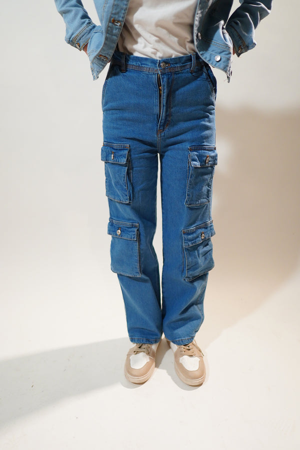 Mid Blue Coloured Cargo Pocket Style Wide Legged Jeans