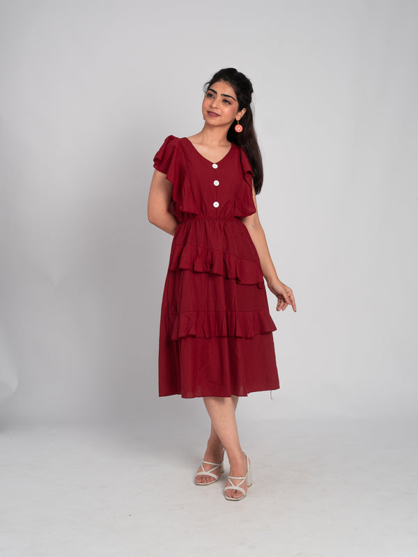 Plain Maroon Coloured Button Front Style Maxi