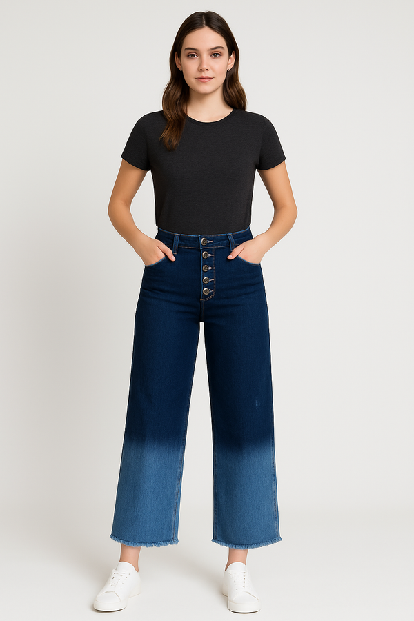 Five Button Exposed Two Tone Wide Legged Jeans