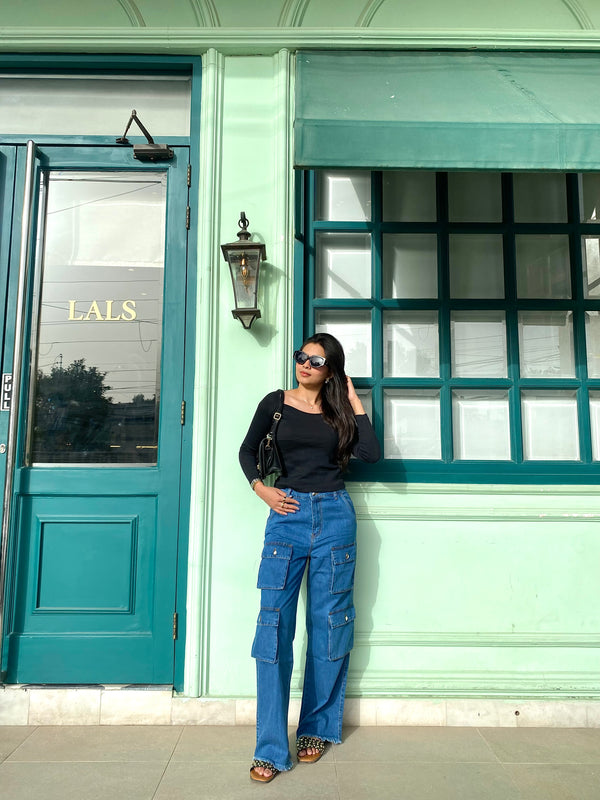 Mid Blue Coloured Cargo Pocket Style Wide Legged Jeans