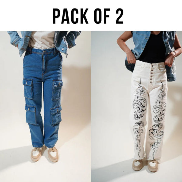 Pack of 2 Cargo Pocket & Snake Printed White Wide-Legged Jeans