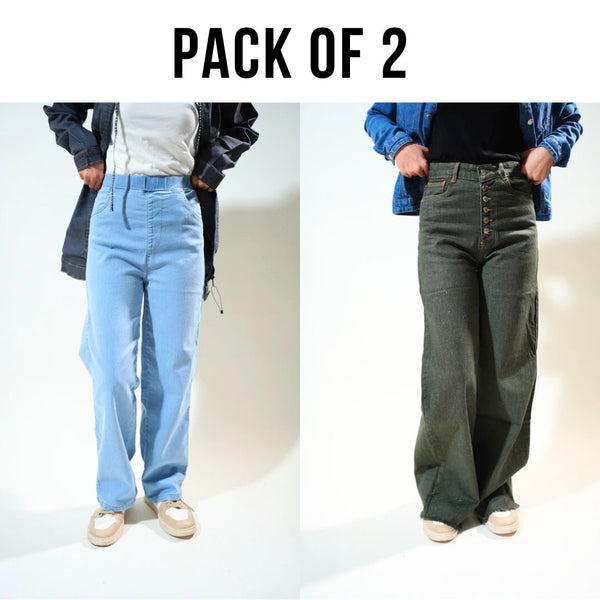 Pack of 2 Blue & Green Wide Legged Jeans