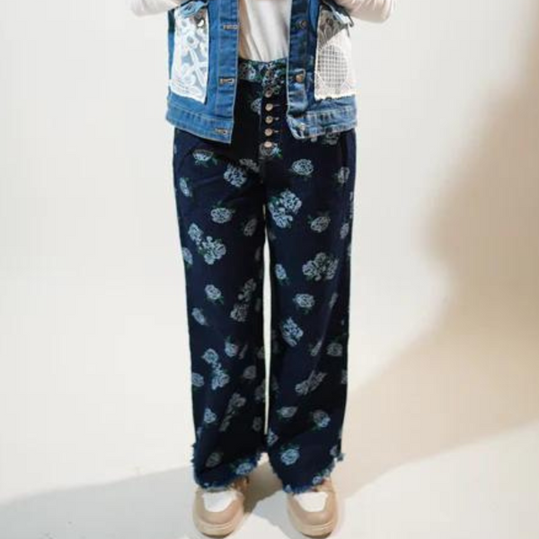 Dark Blue Flower Printed Denim Wide Legged Jeans